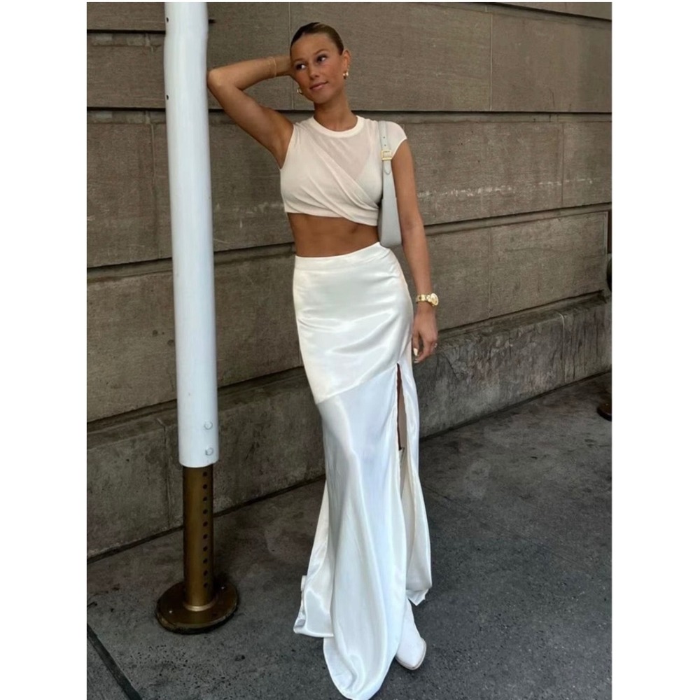 Commense Chic white ‎ Satin Patchwork Split Maxi Skirt size S NWT